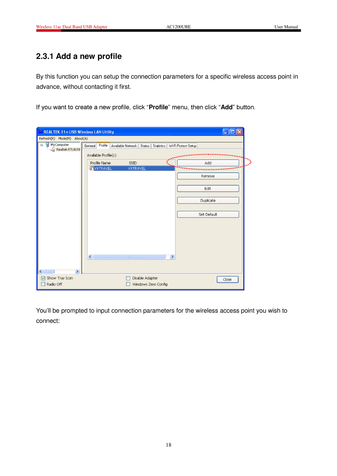 Rosewill AC1200UBE user manual Add a new profile 