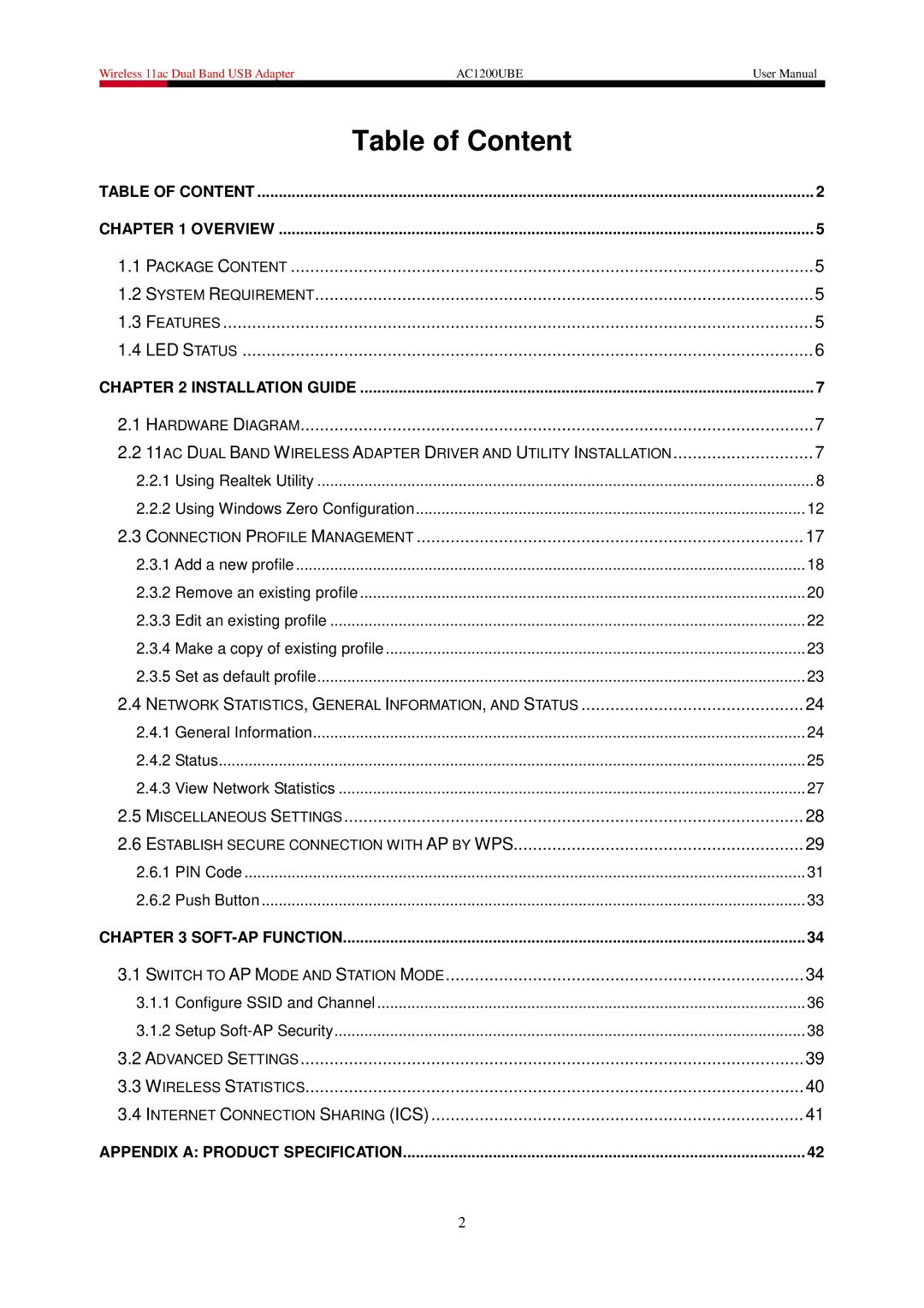 Rosewill AC1200UBE user manual Table of Content, Connection Profile Management 