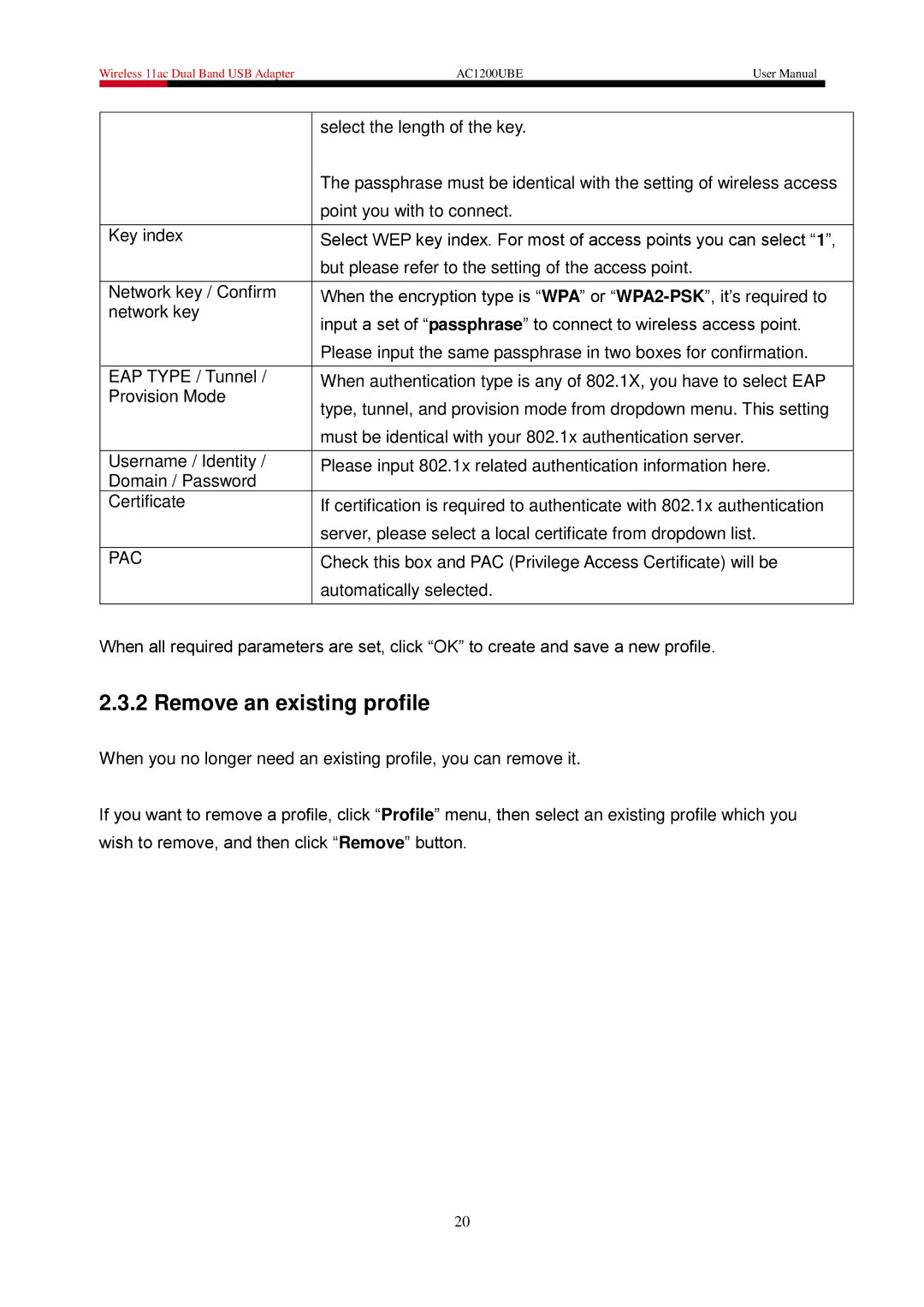 Rosewill AC1200UBE user manual Remove an existing profile, Pac 