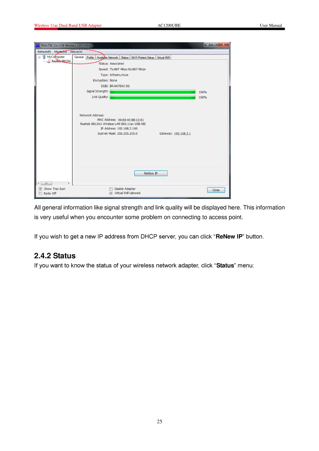 Rosewill AC1200UBE user manual Status 