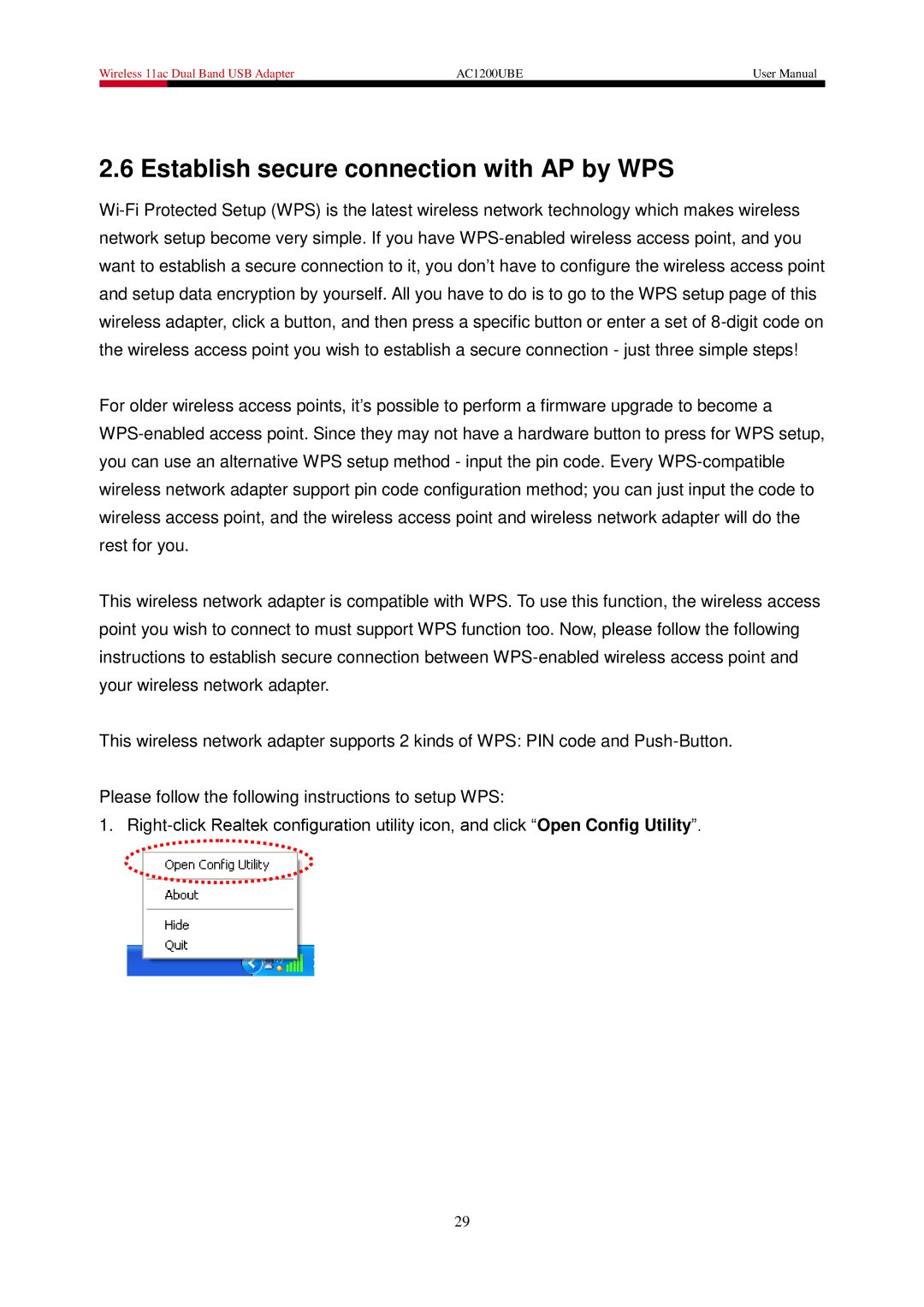 Rosewill AC1200UBE user manual Establish secure connection with AP by WPS 