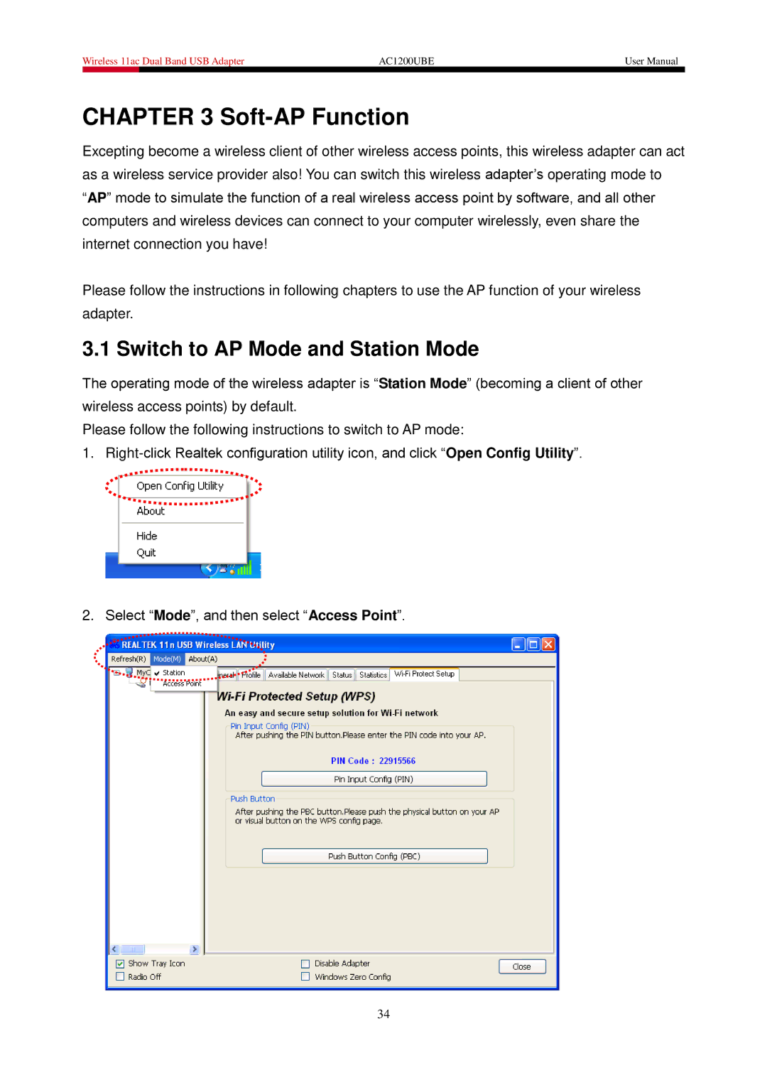 Rosewill AC1200UBE user manual Soft-AP Function, Switch to AP Mode and Station Mode 