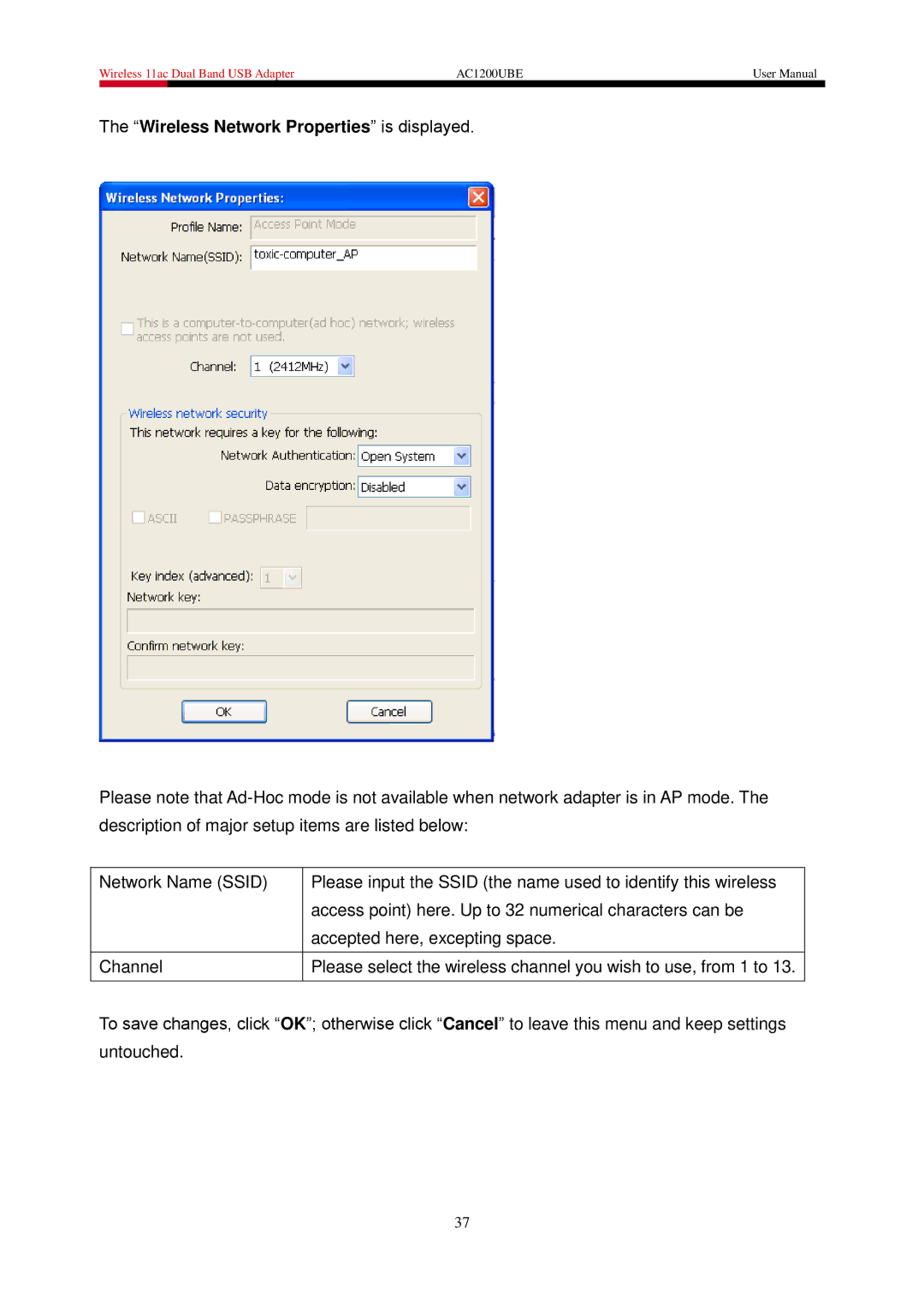 Rosewill AC1200UBE user manual Wireless Network Properties is displayed 