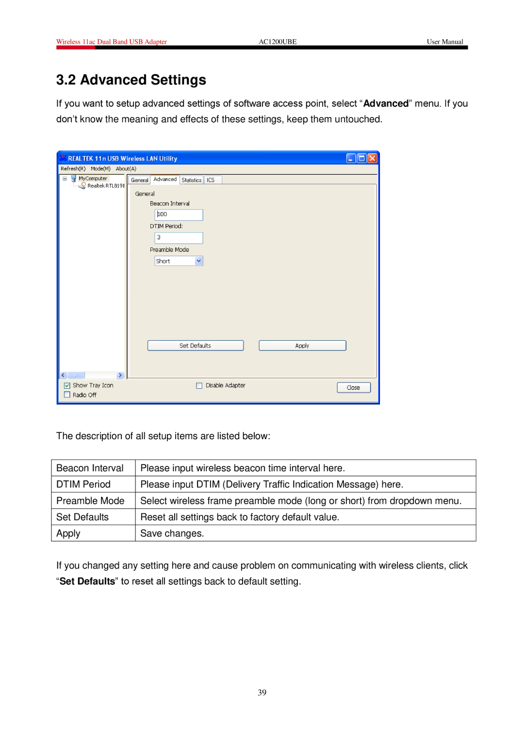 Rosewill AC1200UBE user manual Advanced Settings 