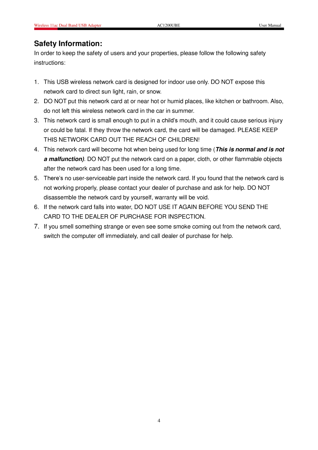 Rosewill AC1200UBE user manual Safety Information 