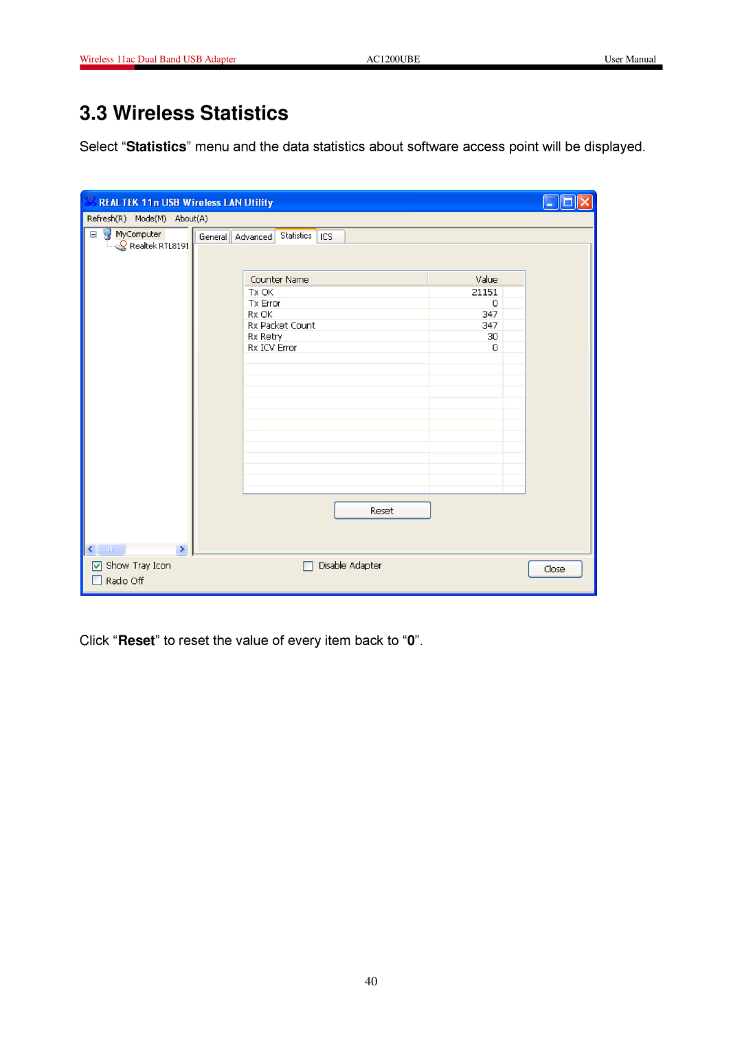 Rosewill AC1200UBE user manual Wireless Statistics 