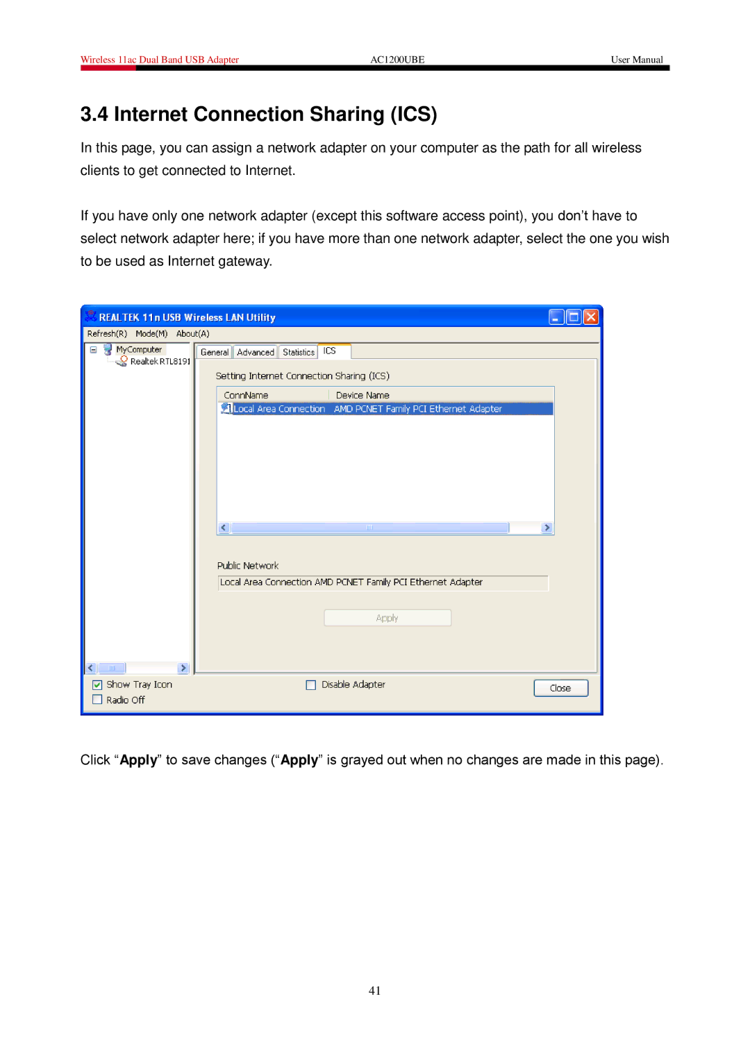 Rosewill AC1200UBE user manual Internet Connection Sharing ICS 