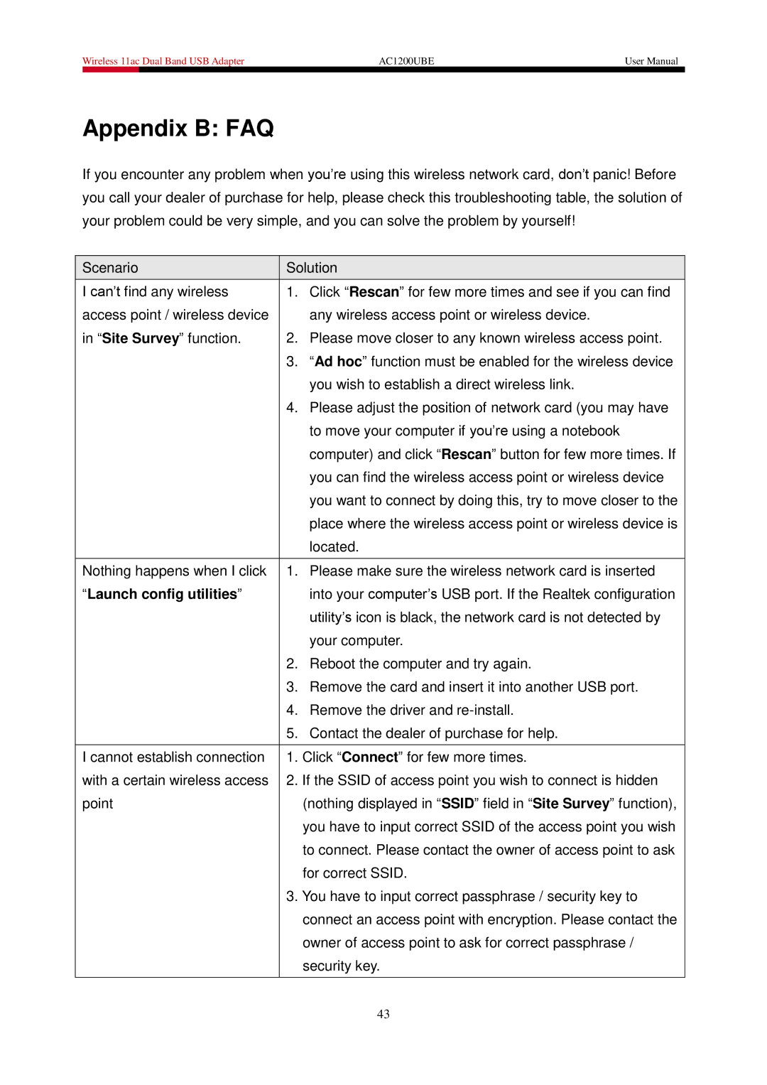 Rosewill AC1200UBE user manual Appendix B FAQ, Launch config utilities 