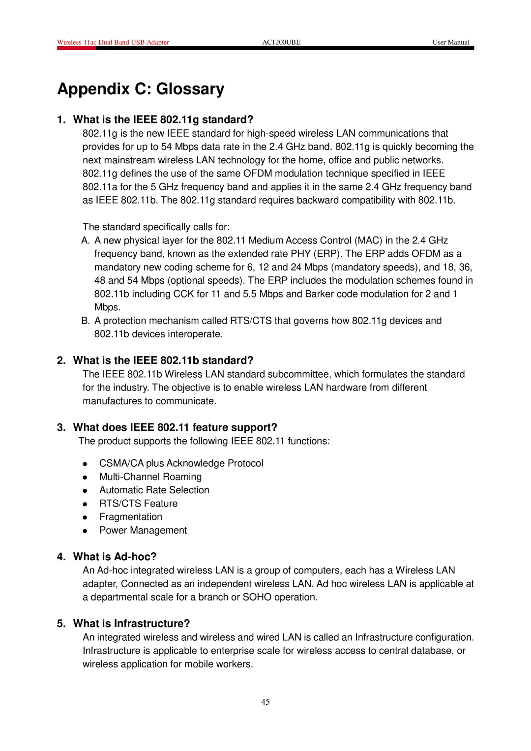 Rosewill AC1200UBE user manual Appendix C Glossary, What is the Ieee 802.11g standard? 