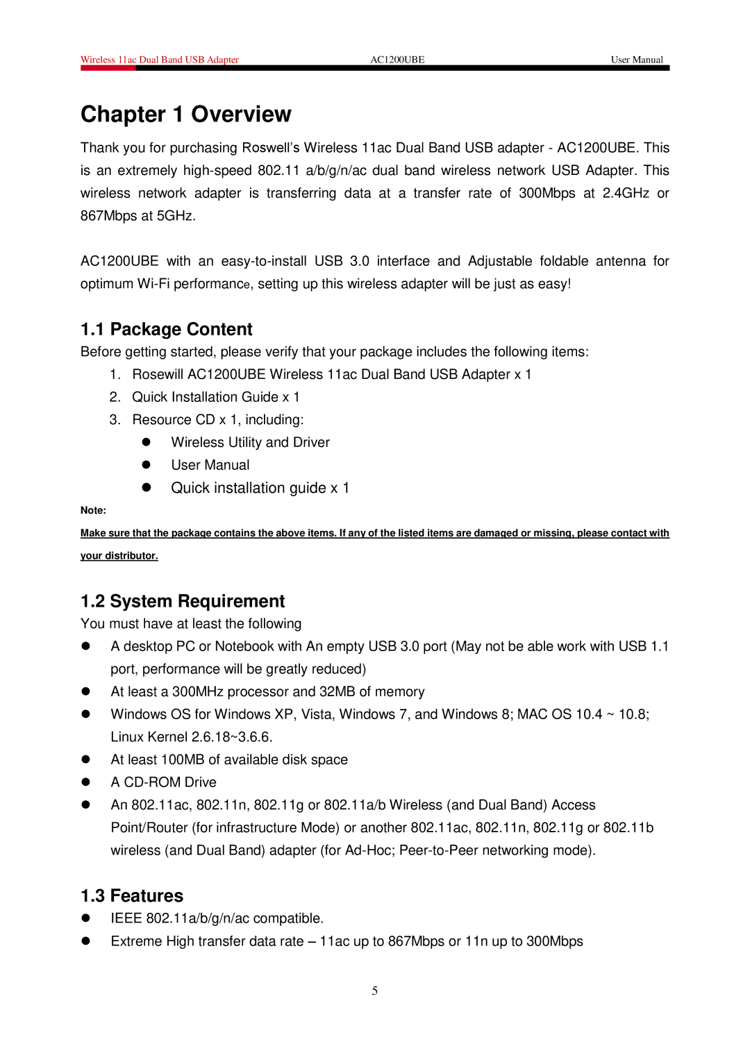 Rosewill AC1200UBE user manual Overview, Package Content, System Requirement, Features 