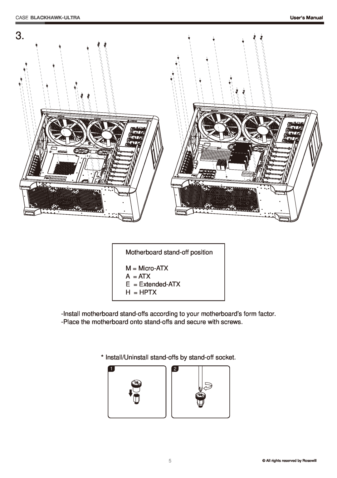 Rosewill BLACKHAWK Motherboard stand-off position M = Micro-ATX A = ATX, E = Extended-ATX H = HPTX, Case Blackhawk-Ultra 