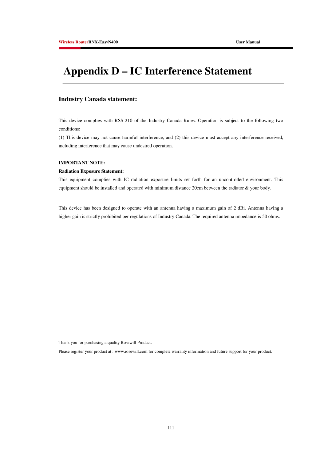 Rosewill EASYN400 user manual Appendix D IC Interference Statement, Industry Canada statement 
