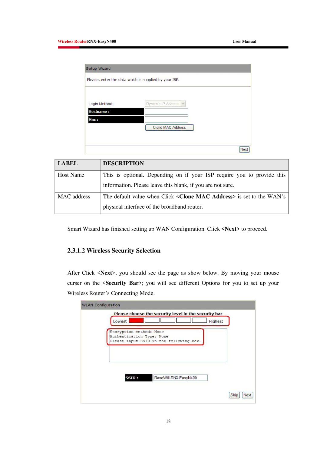 Rosewill EASYN400 user manual Wireless Security Selection, Label Description 