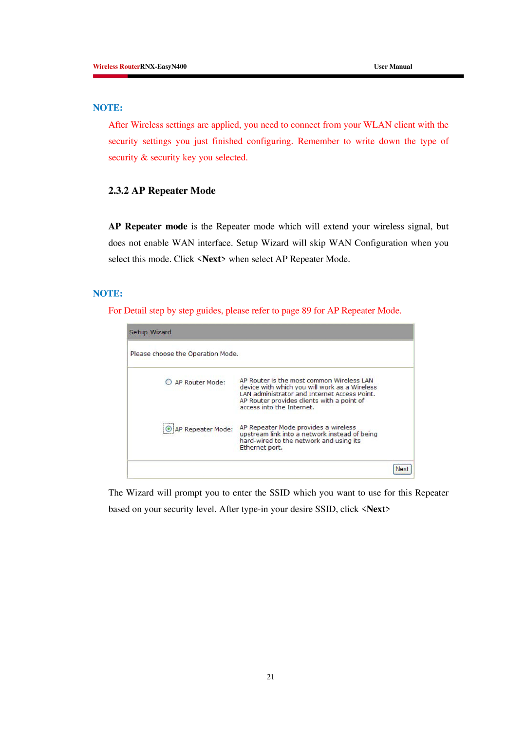 Rosewill EASYN400 user manual AP Repeater Mode 