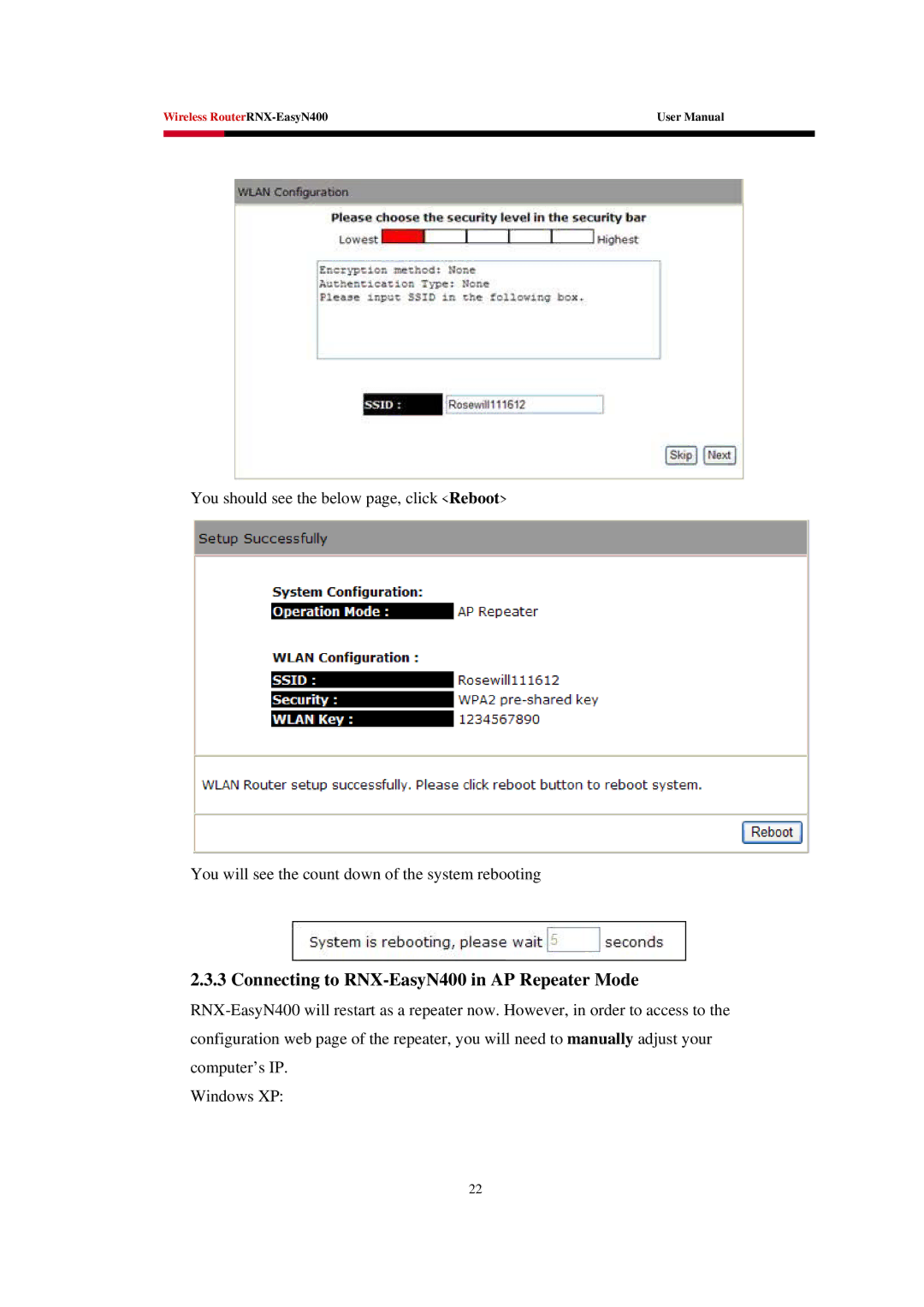 Rosewill EASYN400 user manual Connecting to RNX-EasyN400 in AP Repeater Mode 