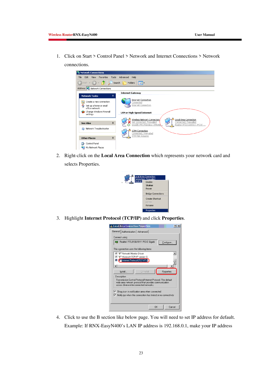 Rosewill EASYN400 user manual Highlight Internet Protocol TCP/IP and click Properties 