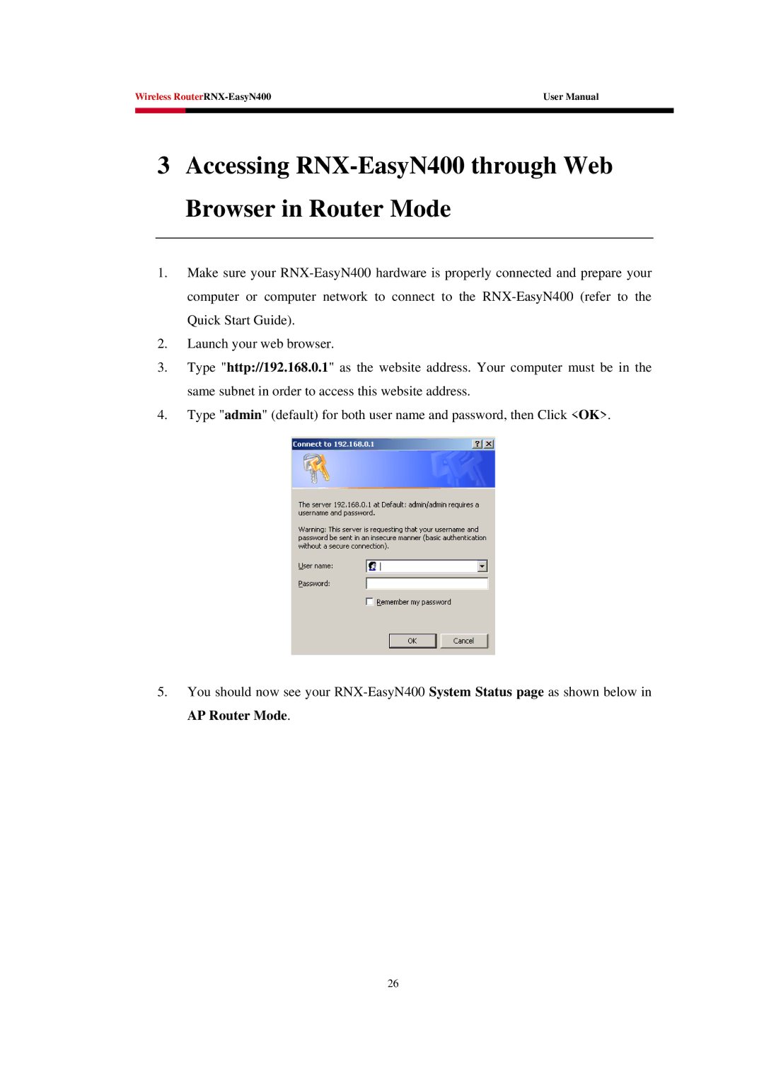 Rosewill EASYN400 user manual Accessing RNX-EasyN400 through Web Browser in Router Mode 