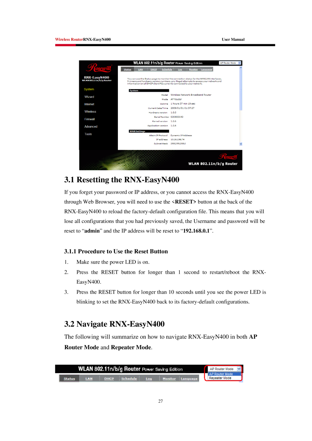 Rosewill EASYN400 user manual Resetting the RNX-EasyN400, Navigate RNX-EasyN400, Procedure to Use the Reset Button 