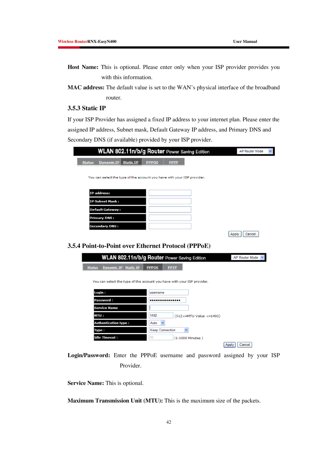 Rosewill EASYN400 user manual Static IP, Point-to-Point over Ethernet Protocol PPPoE 