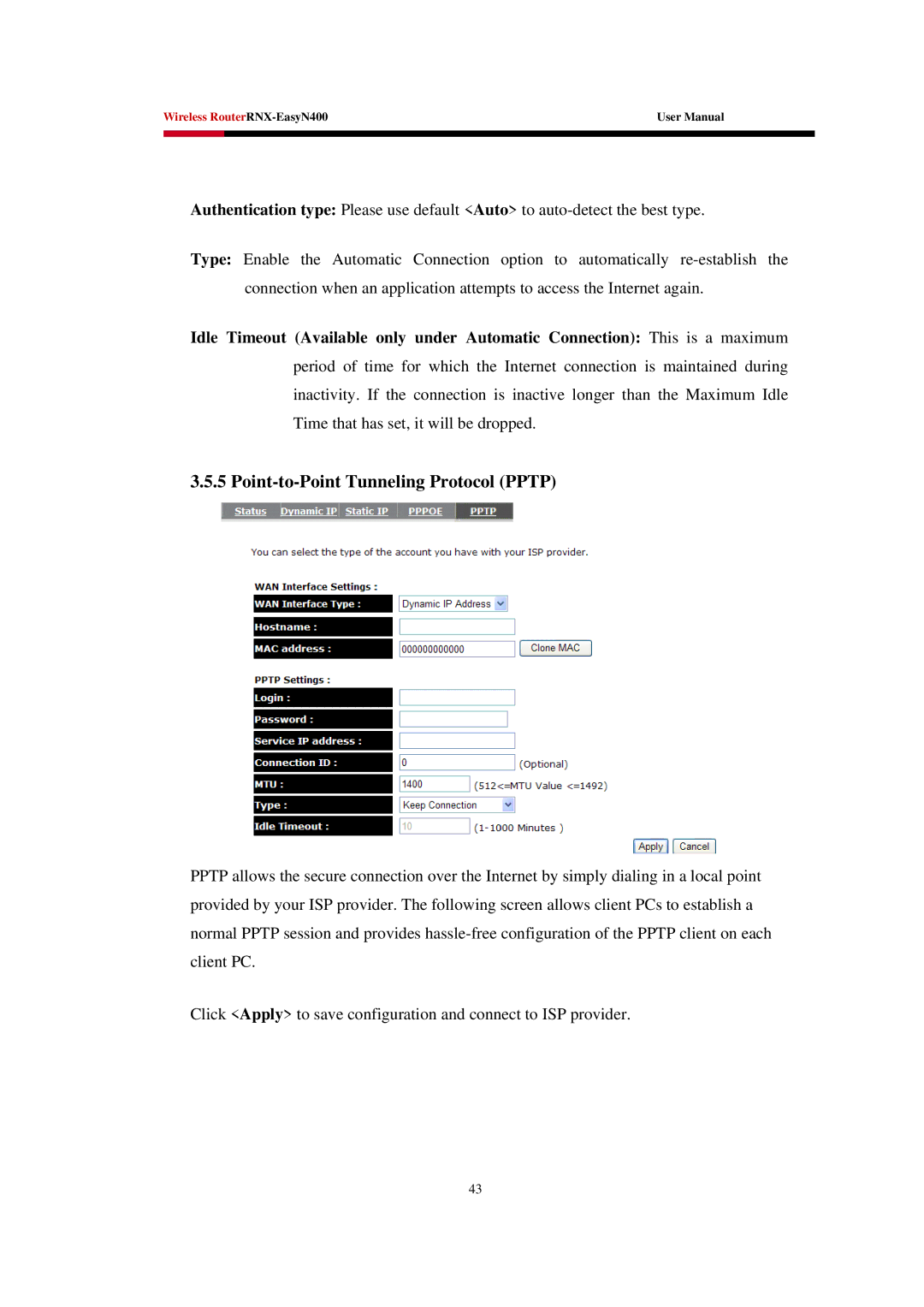 Rosewill EASYN400 user manual Point-to-Point Tunneling Protocol Pptp 