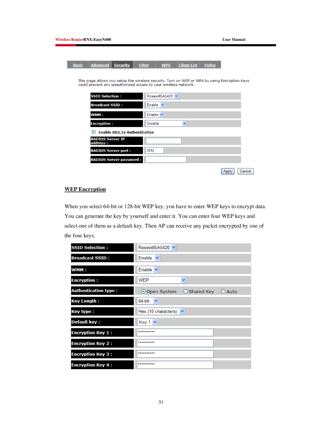 Rosewill EASYN400 user manual WEP Encryption 