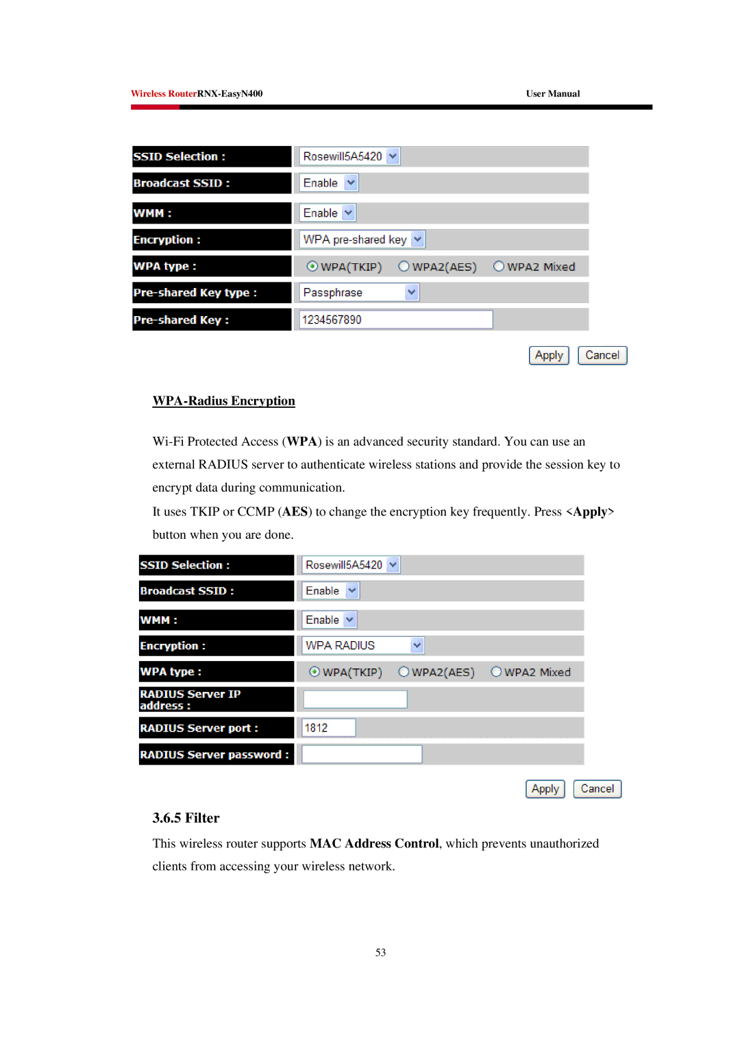 Rosewill EASYN400 user manual Filter, WPA-Radius Encryption 