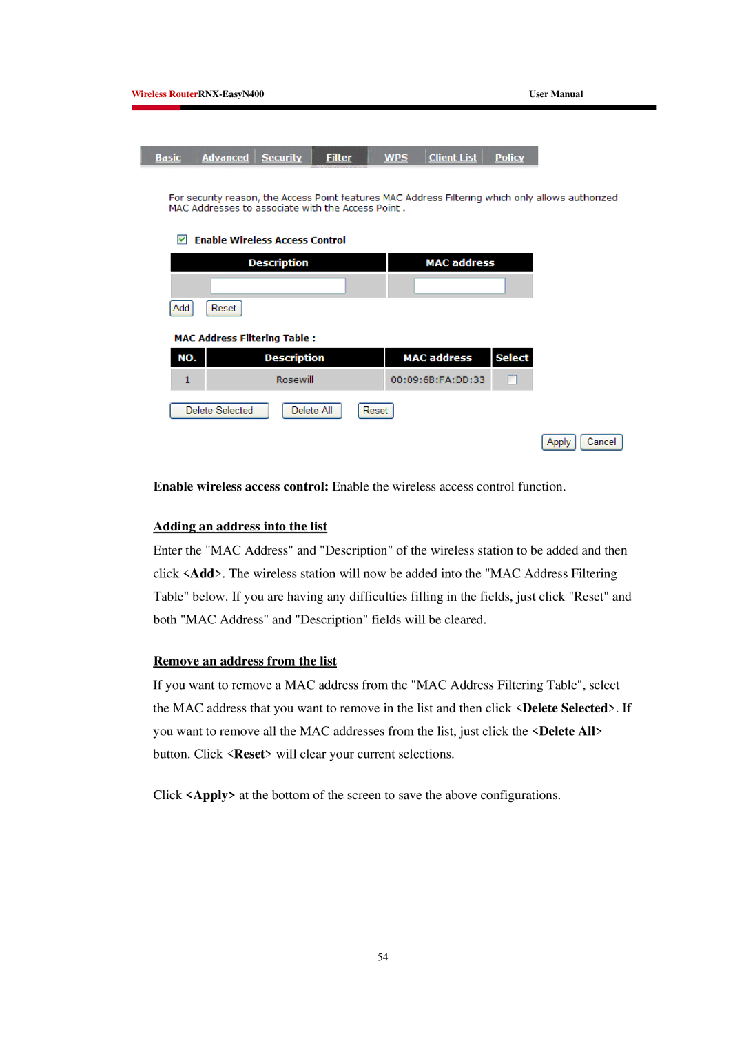 Rosewill EASYN400 user manual Adding an address into the list, Remove an address from the list 