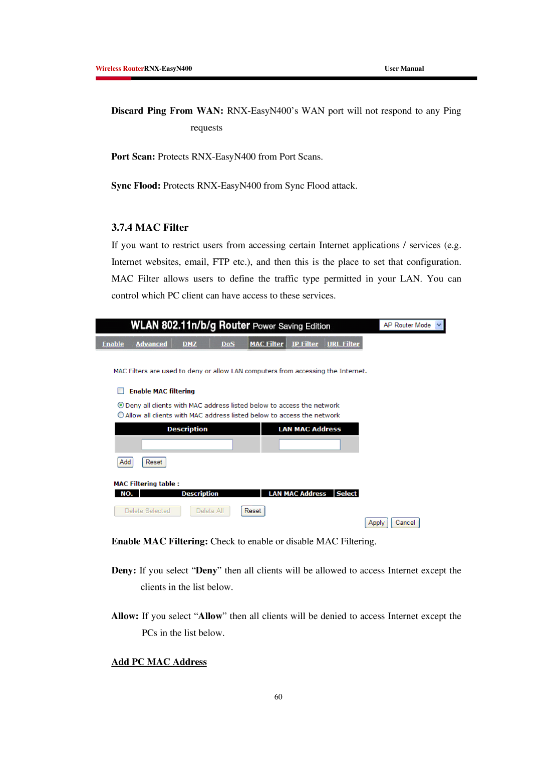 Rosewill EASYN400 user manual MAC Filter, Add PC MAC Address 