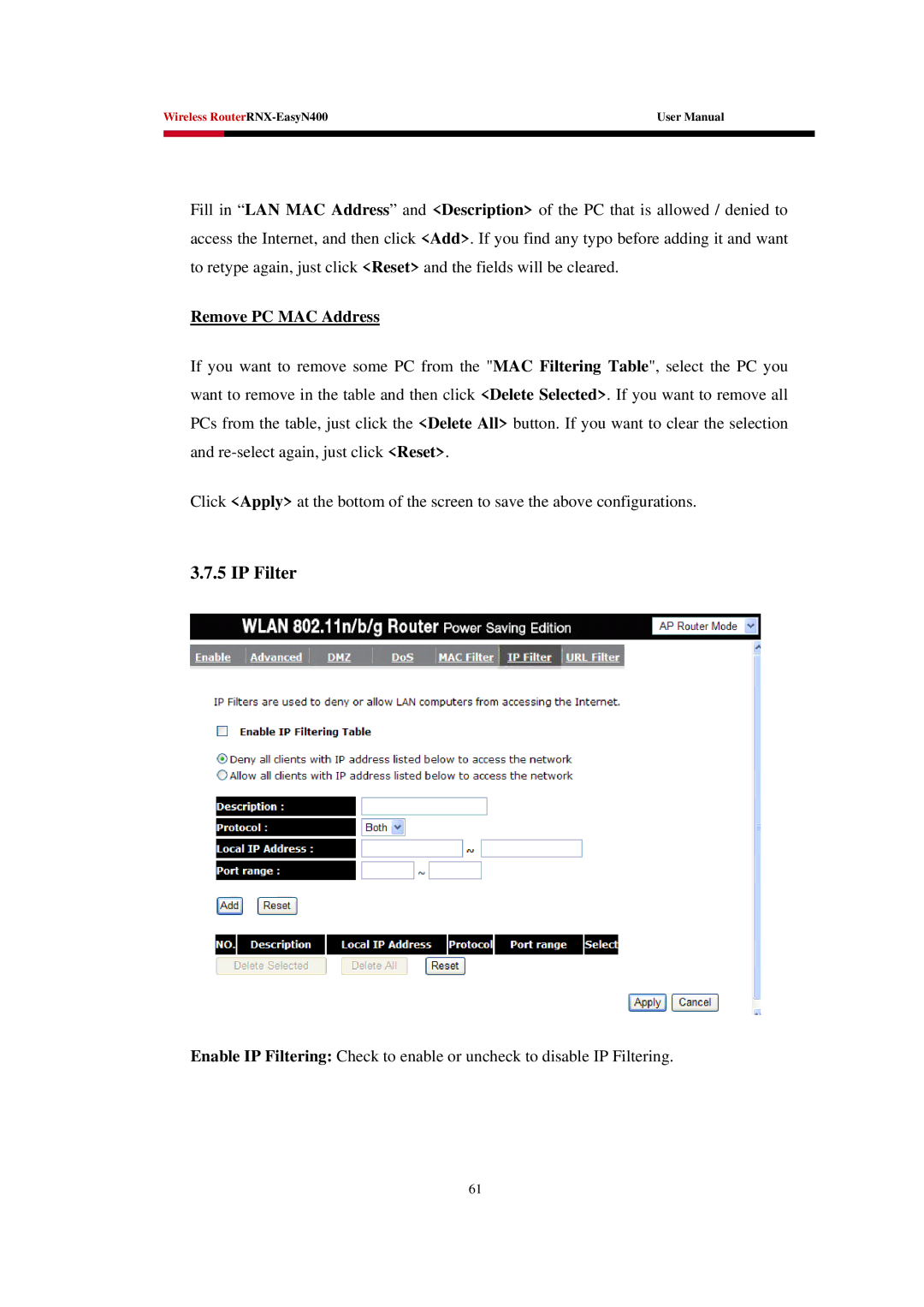 Rosewill EASYN400 user manual IP Filter, Remove PC MAC Address 