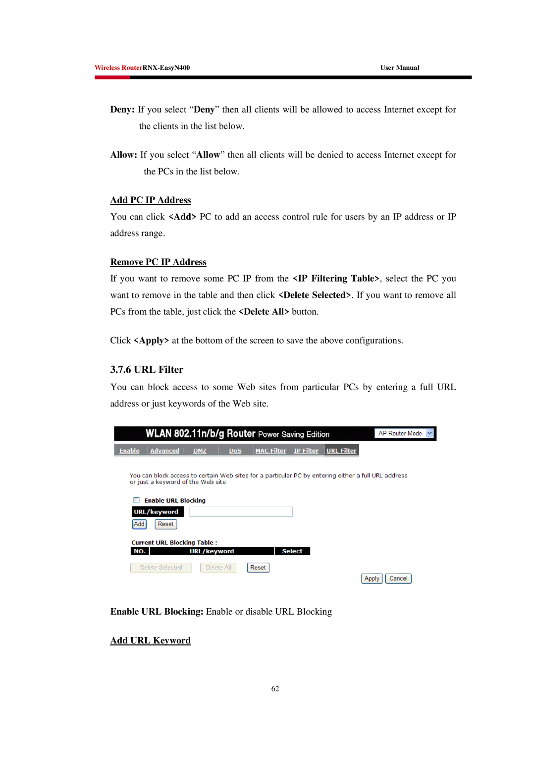 Rosewill EASYN400 user manual URL Filter, Add PC IP Address, Remove PC IP Address, Add URL Keyword 