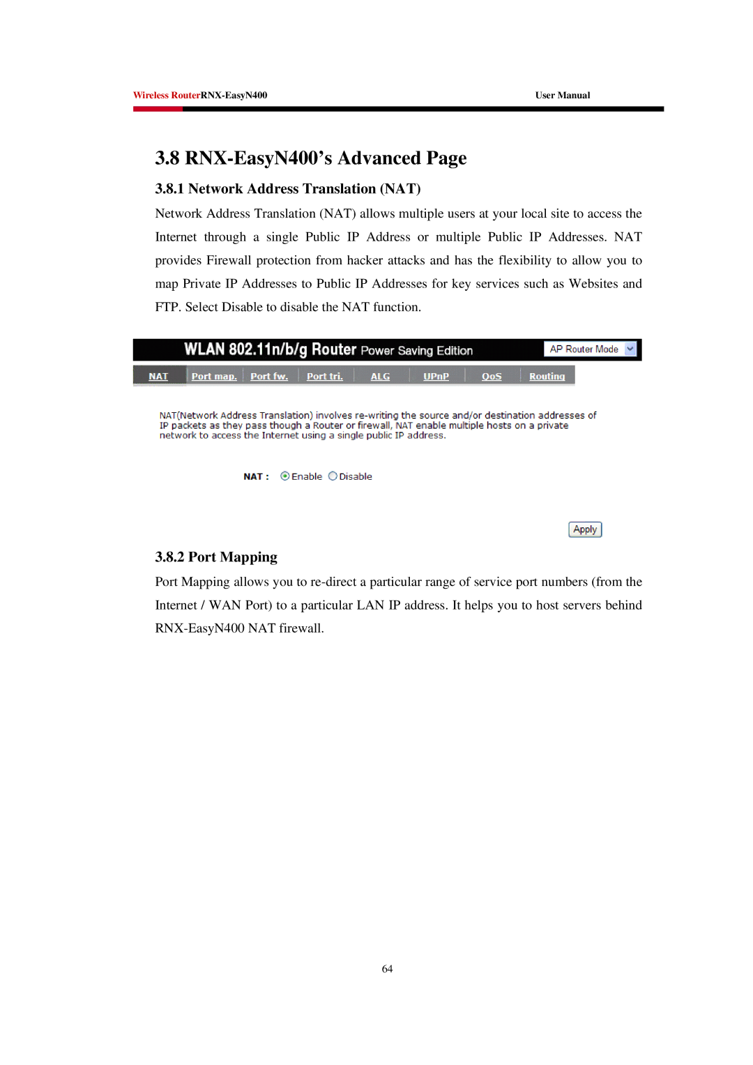 Rosewill EASYN400 user manual RNX-EasyN400’s Advanced, Network Address Translation NAT, Port Mapping 