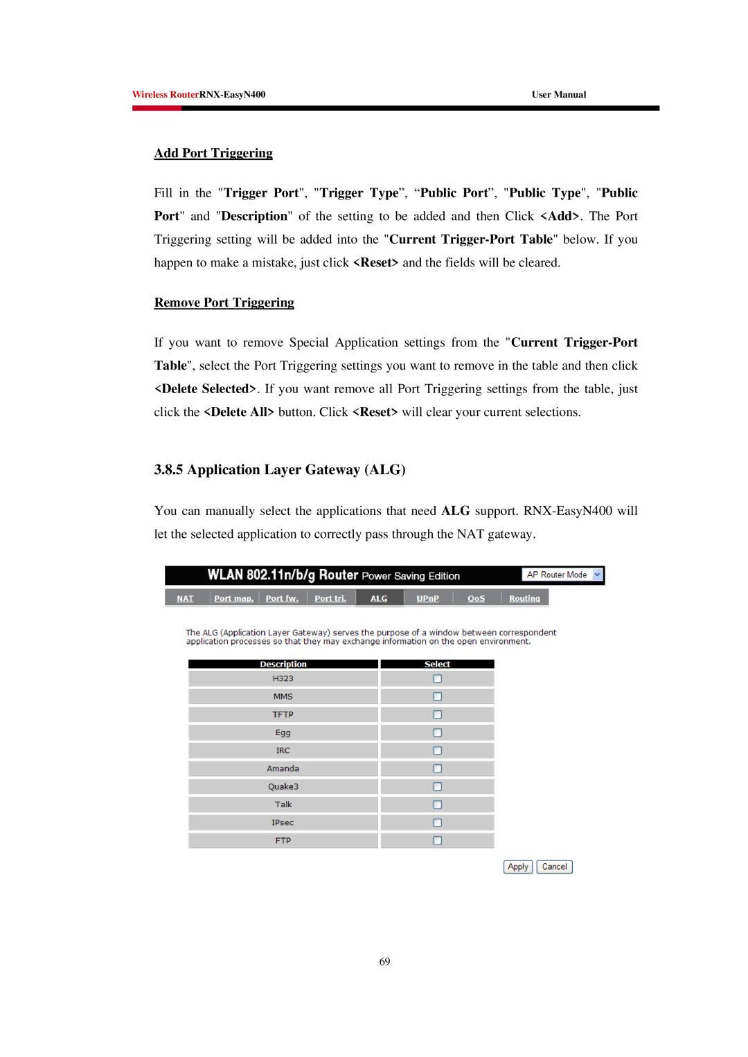 Rosewill EASYN400 user manual Application Layer Gateway ALG 