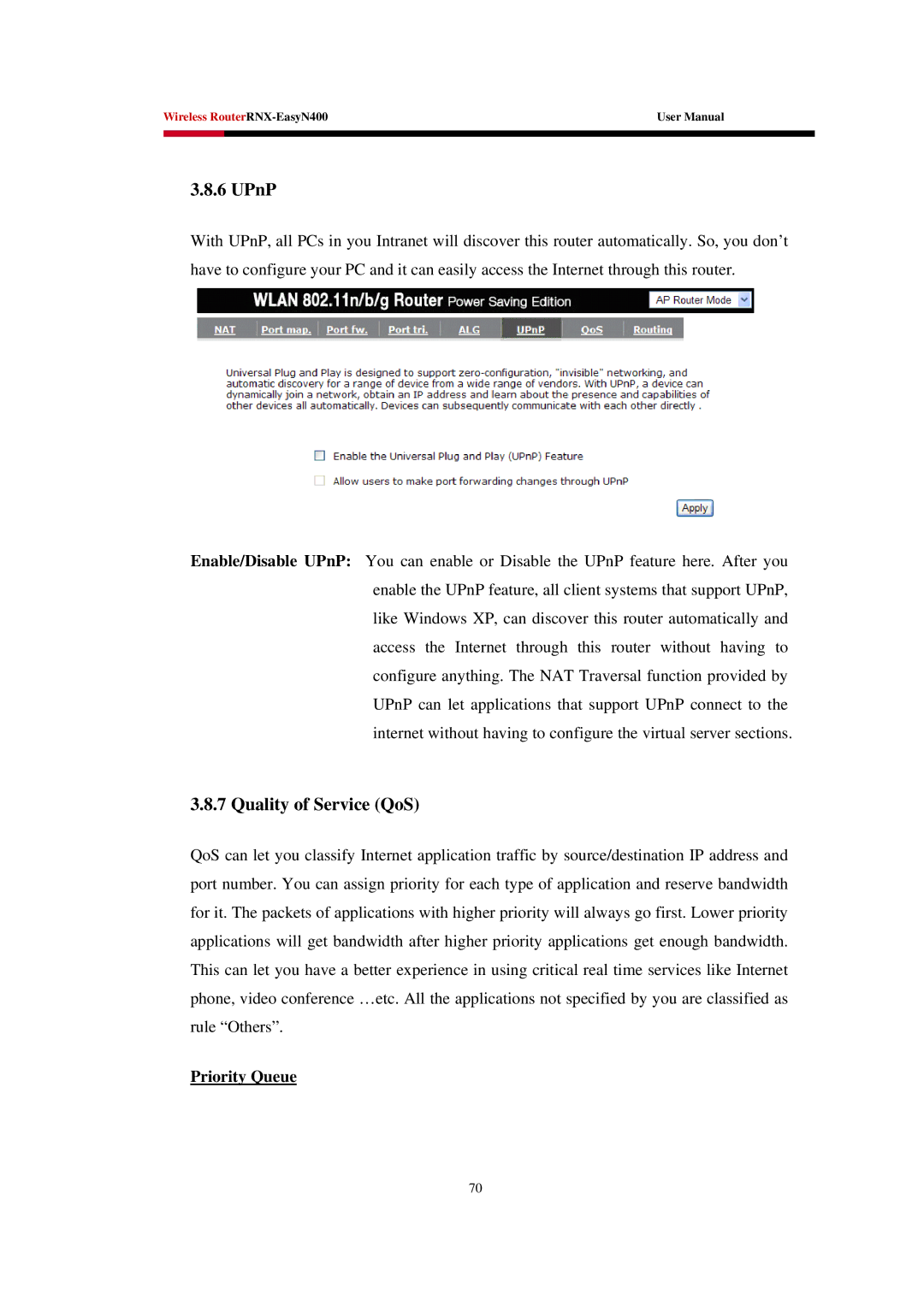 Rosewill EASYN400 user manual UPnP, Quality of Service QoS, Priority Queue 