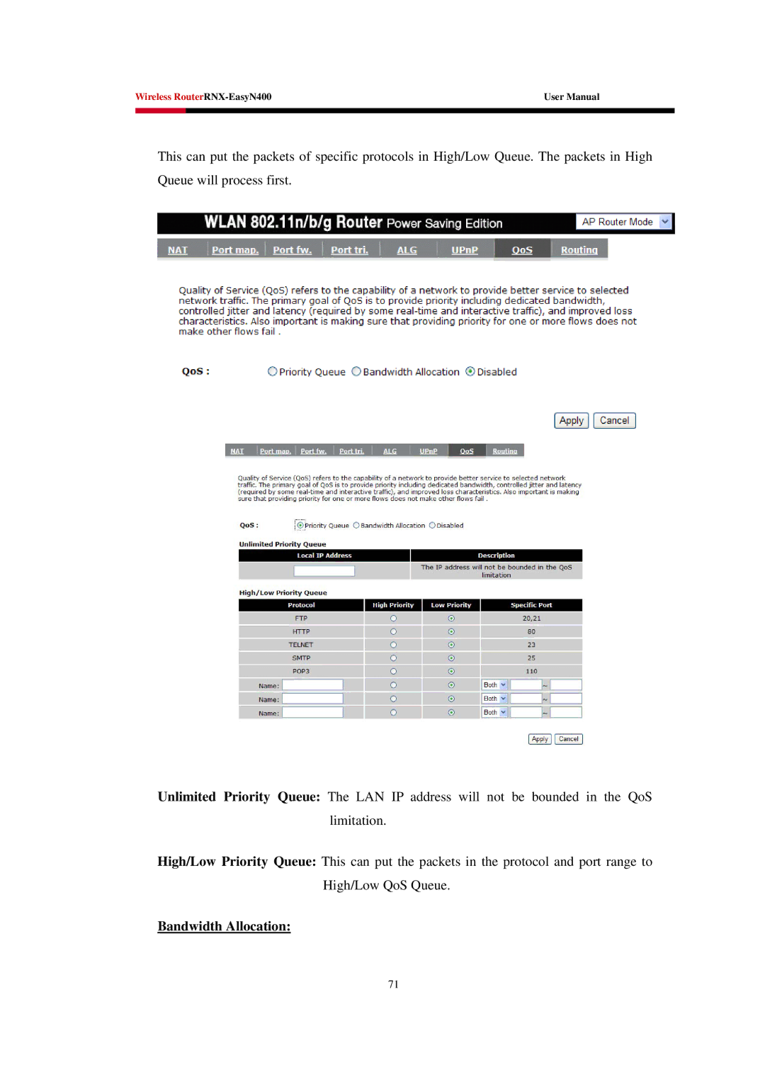 Rosewill EASYN400 user manual Bandwidth Allocation 