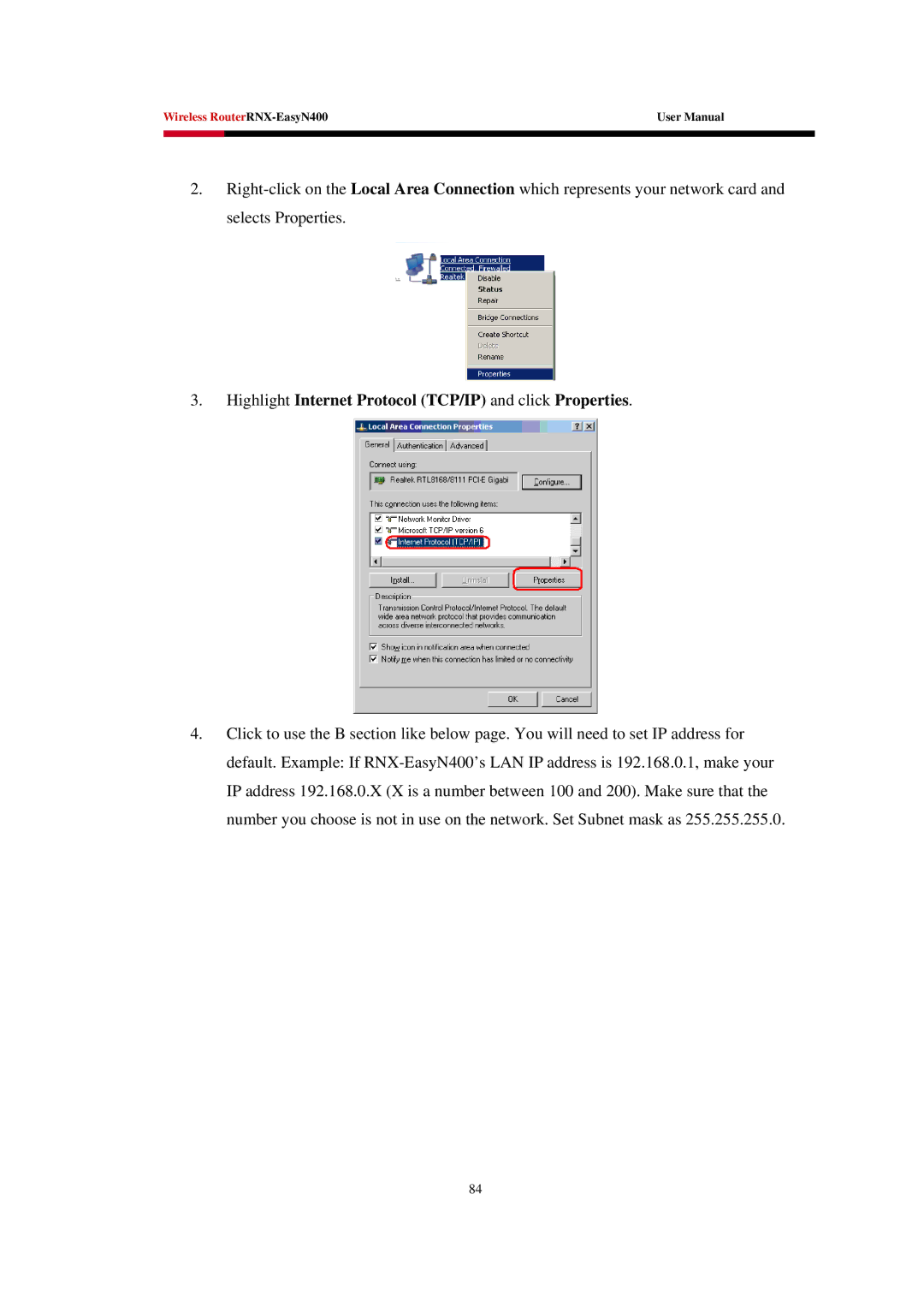 Rosewill EASYN400 user manual Highlight Internet Protocol TCP/IP and click Properties 