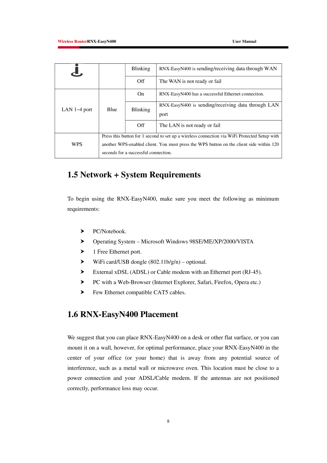 Rosewill EASYN400 user manual Network + System Requirements, RNX-EasyN400 Placement 