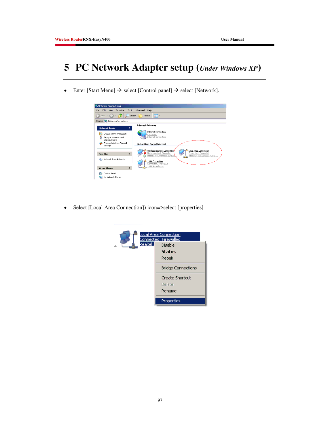 Rosewill EASYN400 user manual PC Network Adapter setup Under Windows XP 