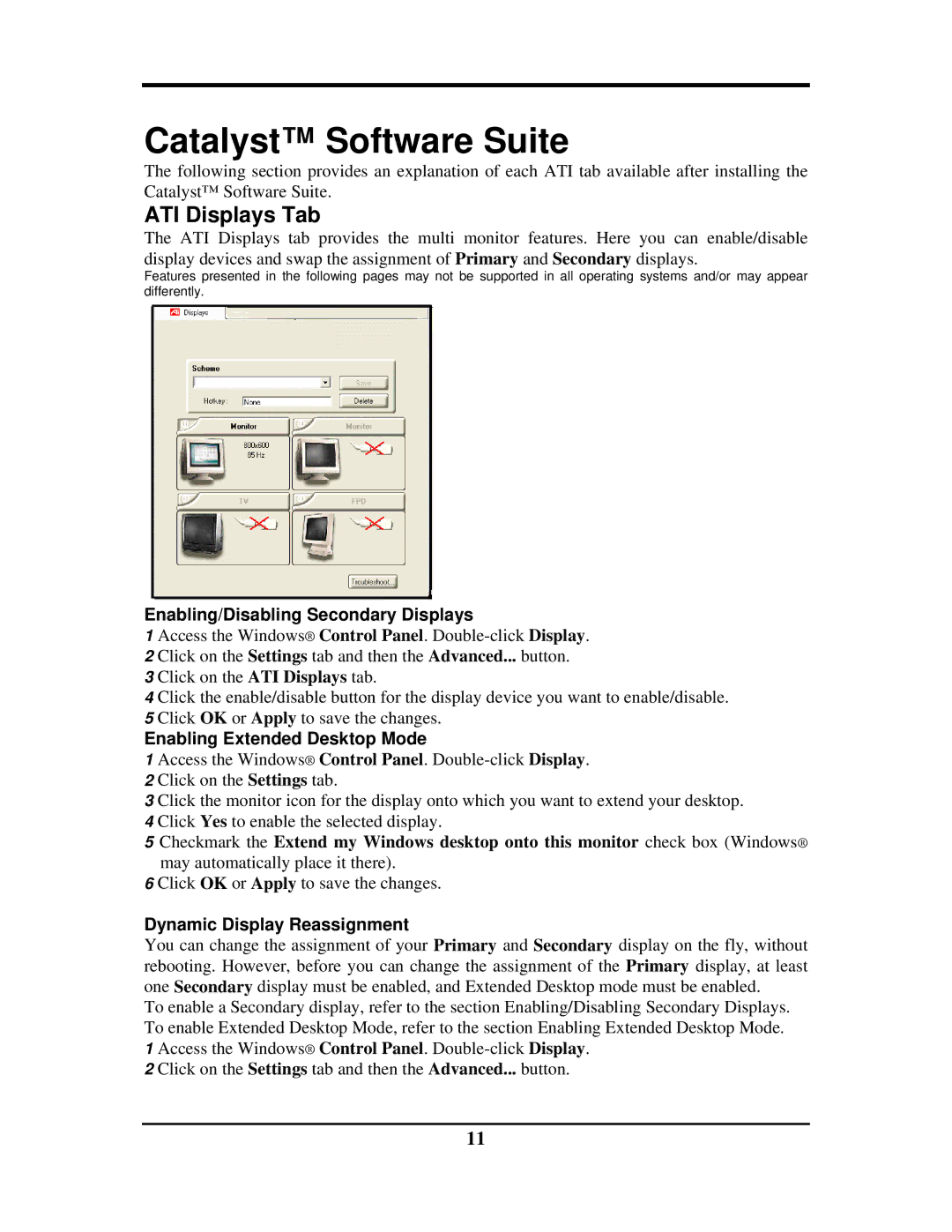 Rosewill G03-ATI9000 user manual Catalyst Software Suite, ATI Displays Tab, Enabling/Disabling Secondary Displays 