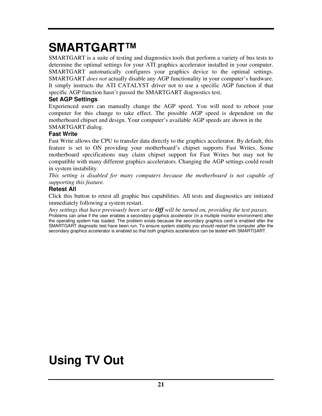 Rosewill G03-ATI9000 user manual Using TV Out, Set AGP Settings, Fast Write, Retest All 