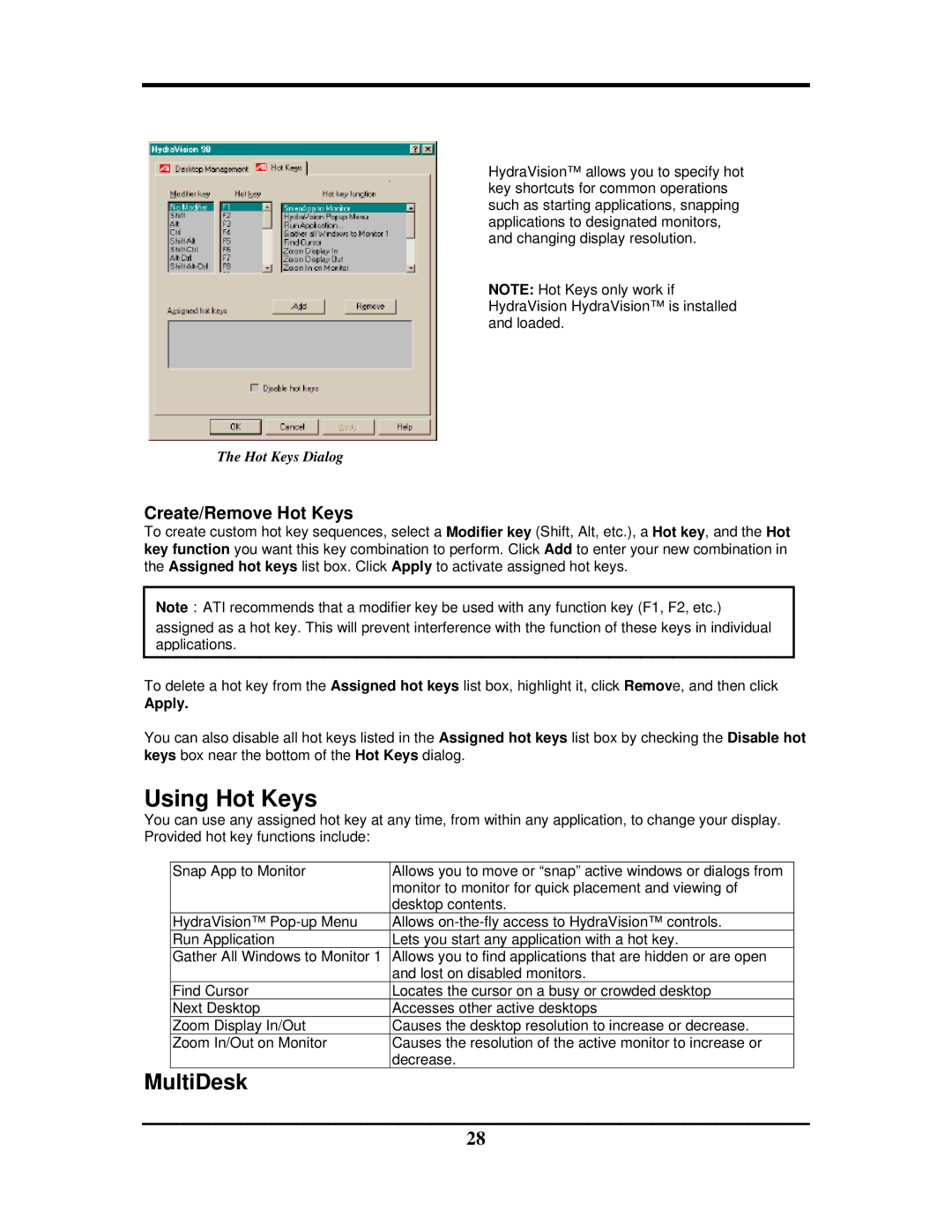 Rosewill G03-ATI9000 user manual Using Hot Keys, MultiDesk, Create/Remove Hot Keys, Apply 