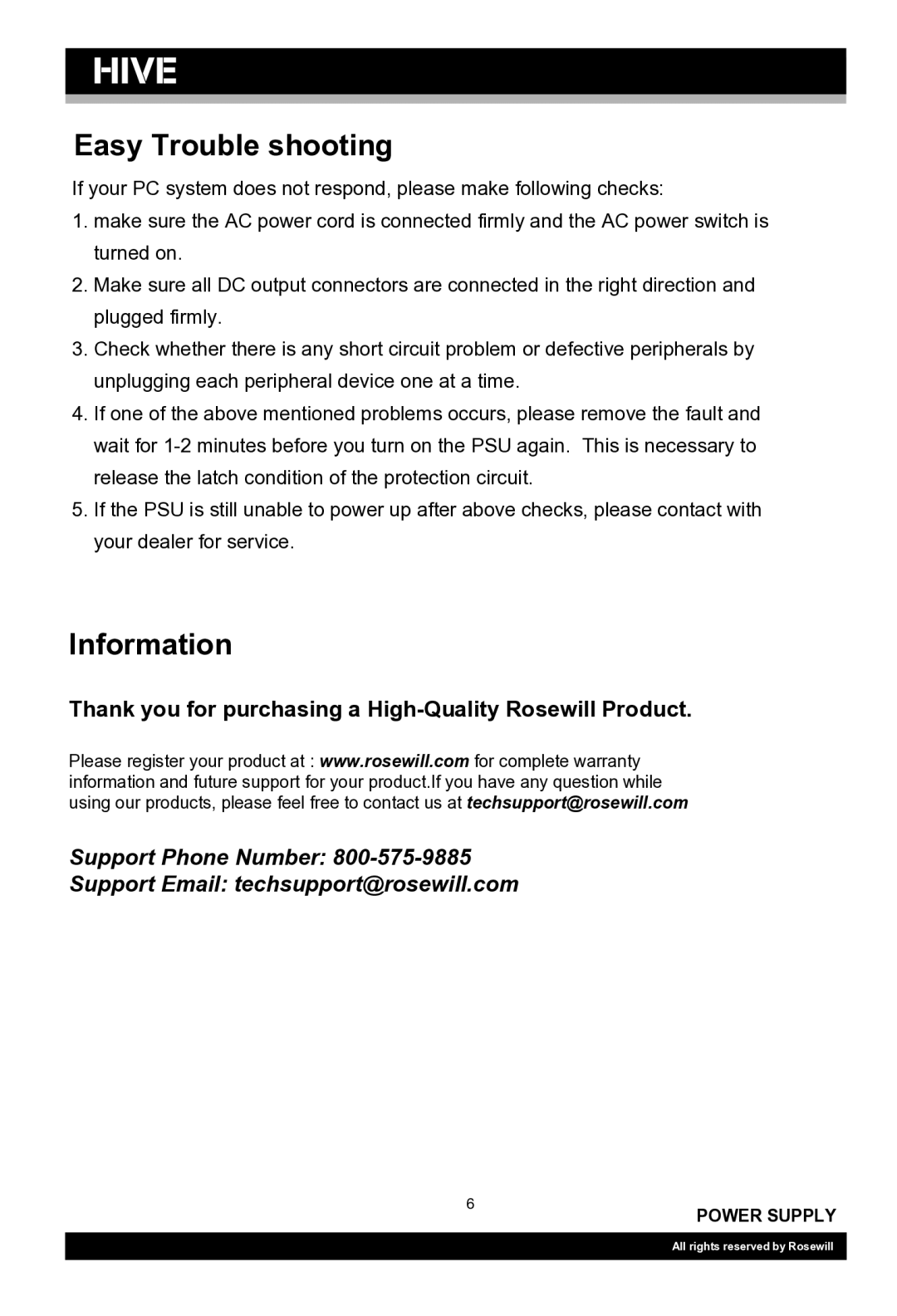 Rosewill HIVE-550, HIVE-650, HIVE-750 user manual Information 