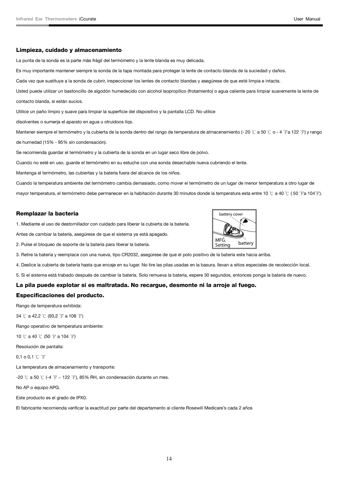 Rosewill i-Ccurate user manual Limpieza, cuidado y almacenamiento, Remplazar la bacteria 