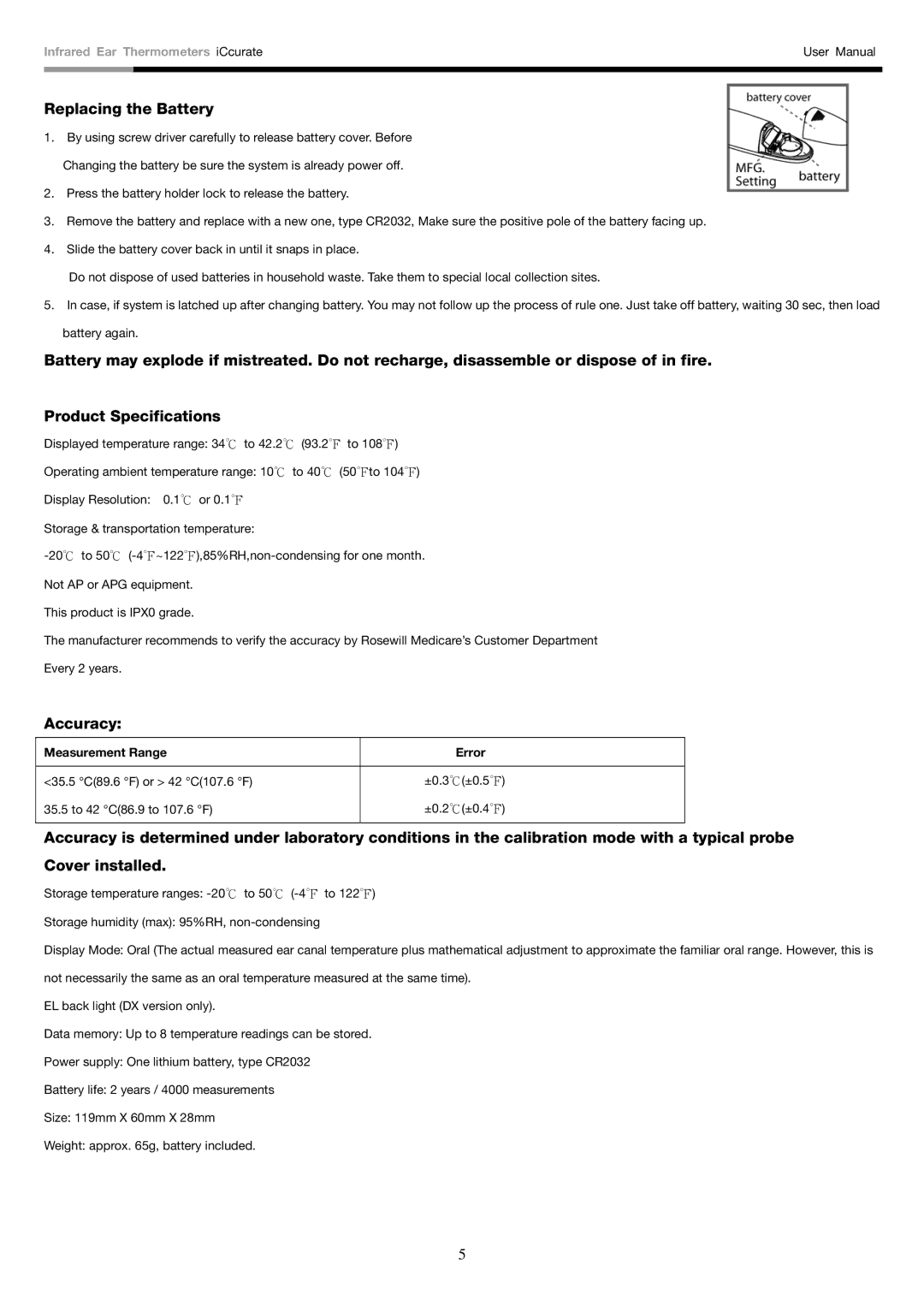 Rosewill i-Ccurate user manual Replacing the Battery, Accuracy 