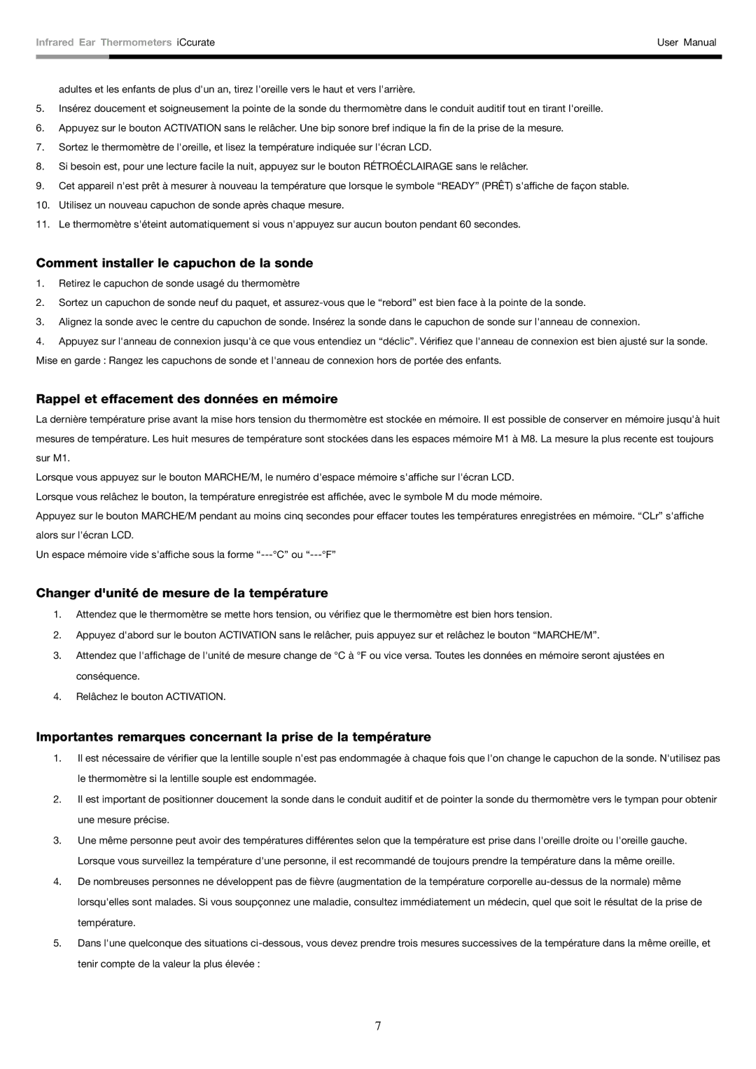 Rosewill i-Ccurate user manual Comment installer le capuchon de la sonde, Rappel et effacement des données en mémoire 