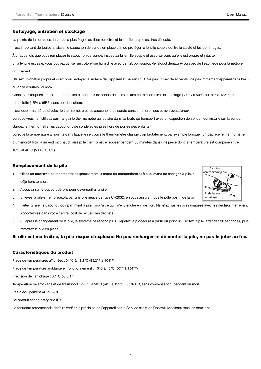 Rosewill i-Ccurate user manual Nettoyage, entretien et stockage, Remplacement de la pile 