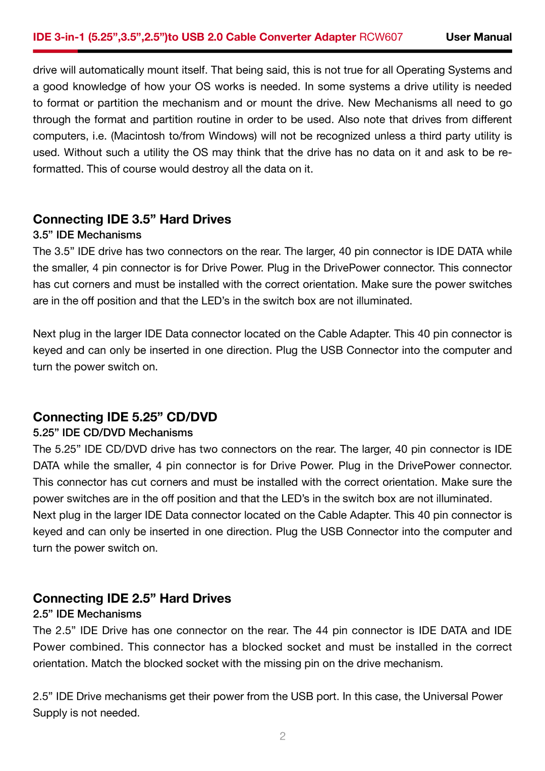 Rosewill IDE 3-in-1 user manual Connecting IDE 3.5 Hard Drives, Connecting IDE 5.25 CD/DVD, Connecting IDE 2.5 Hard Drives 