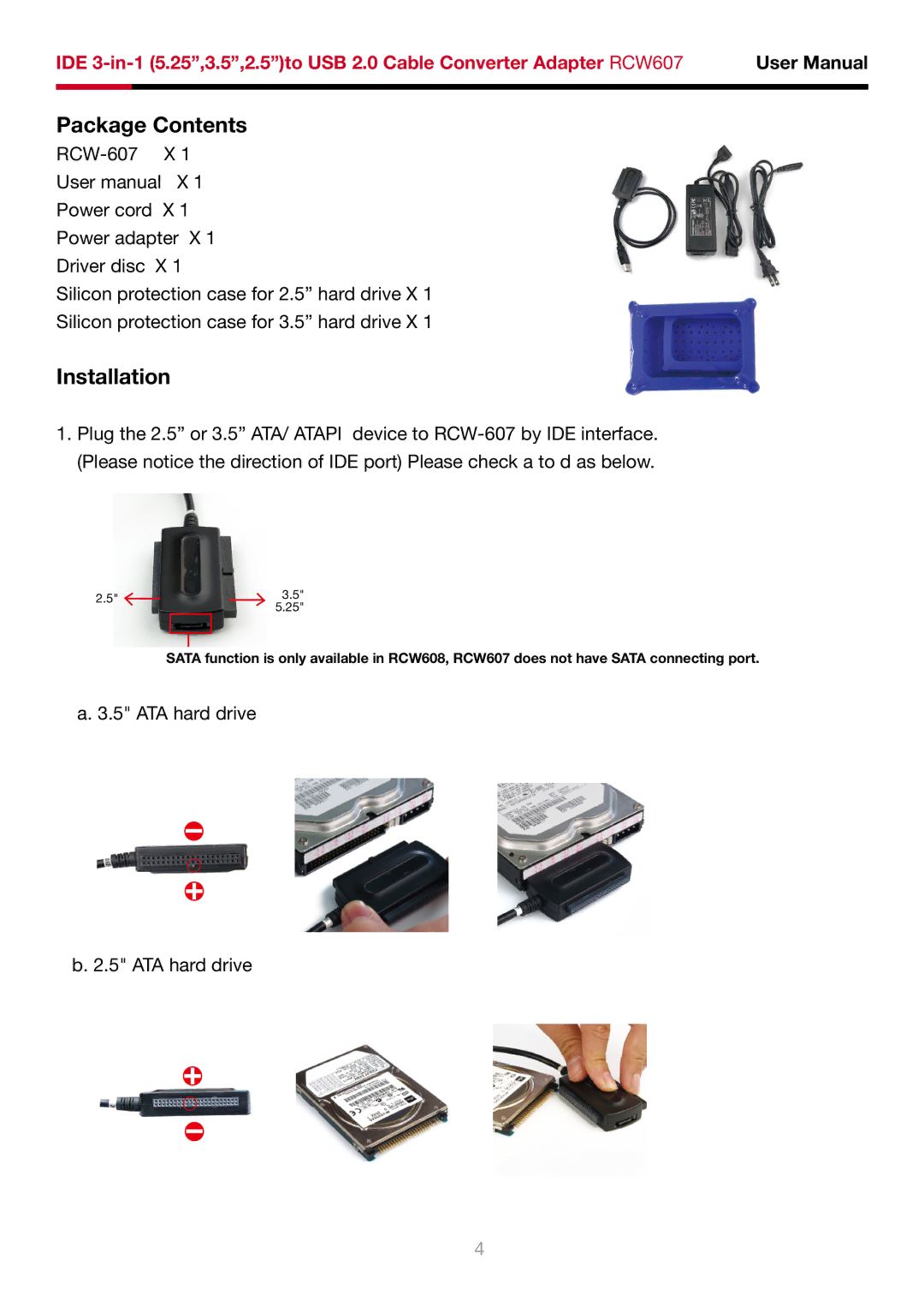 Rosewill IDE 3-in-1 user manual Package Contents, Installation 