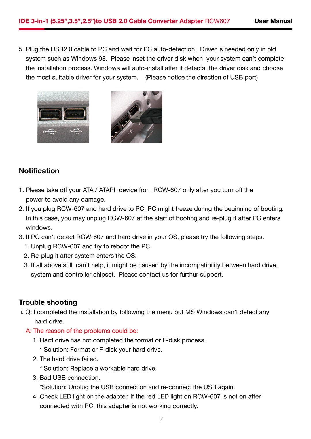 Rosewill IDE 3-in-1 user manual Notification, Trouble shooting 