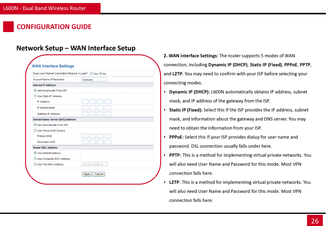 Rosewill L600N manual Network Setup WAN Interface Setup 