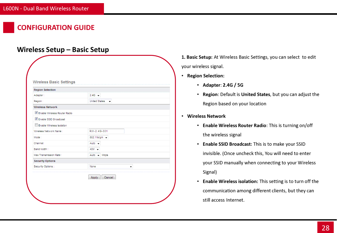 Rosewill L600N manual Wireless Setup Basic Setup, Region Selection Adapter 2.4G / 5G 